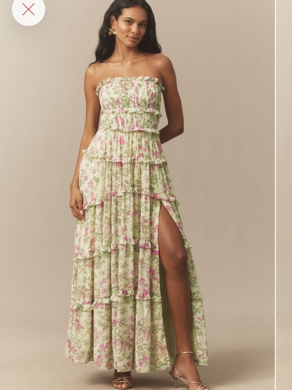 BHLDN Floral Chiffon Strapless
Ruched Tiered A-Line
Midi Dress Sz M